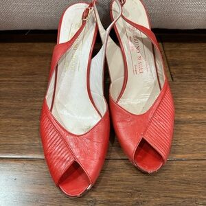 Women's Vintage 80s Bruno Magli Sling Open Toe Suede & Leather Red Heels 8 AA